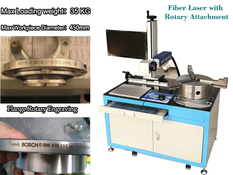 China <font color='red'>50W</font> <font color='red'><font color='red'>fiber</font></font> <font color='red'><font color='red'>laser</font></font> marking machine with rotary attachment for metal flange engraving